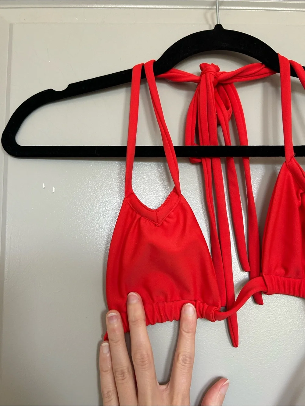 Montce Swim Red Tie-String V Notch Bikini Top and Low Rise Bottoms Set